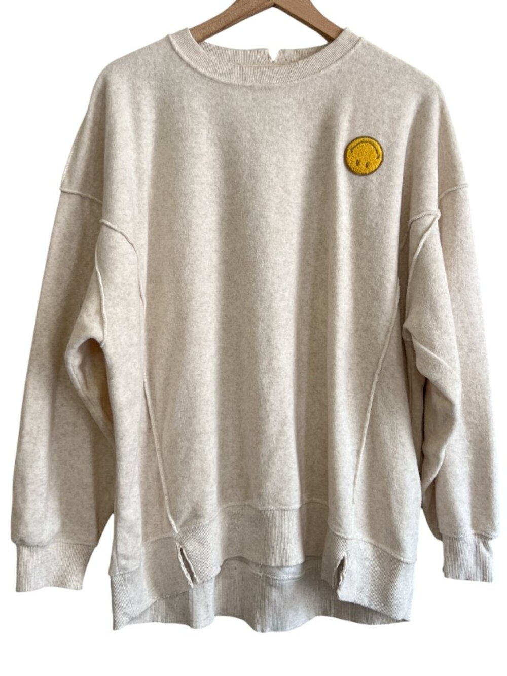 Aerie Cream Smiley Face Oversized Chill Cozy Crew Sweatshirt - Picture 2 of 6